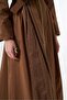 Belted Long Coat with Layered Front Detail - Brown - 4