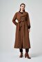 Belted Long Coat with Pleated Front Panel - Tan - 2
