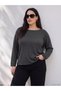 Two Mt Shop Quality Lcw Curve Anthracite Combed Cotton Plain Oval Neck Long Sleeve Women's Blouse