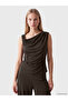 Peak New Season Brown Draped Collar Asymmetrical Cut Gathered Blouse