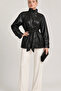 Women's Black Stand Collar Belted Stylish Soft Textured Lined Button Detailed Faux Leather Jacket - 4