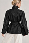 Women's Black Stand Collar Belted Stylish Soft Textured Lined Button Detailed Faux Leather Jacket - 5