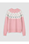 Two Mt Shop Quality Pink Patterned Oval Collar Girls' Knit Sweater - 3