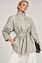 Women's Beige Stand Collar Belted Stylish Soft Textured Lined Button Detailed Faux Leather Jacket - 4