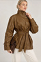 Women's Tan Brown Stand Collar Belted Stylish Soft Textured Lined Button Detailed Faux Leather Jacket - 2