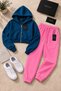 Women's Hooded Zippered Cropped Elastic Cuffed Sweatpants 3 Thread Rastered Set