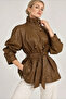 Women's Tan Brown Stand Collar Belted Stylish Soft Textured Lined Button Detailed Faux Leather Jacket - 6