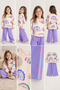 Girl's Rainbow Patterned 100% Cotton 3 Thread Sweatshirt Lilac Trousers Set - 6