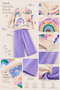 Girl's Rainbow Patterned 100% Cotton 3 Thread Sweatshirt Lilac Trousers Set - 3