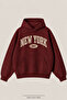 Unisex New York Printed Daily Use Comfortable Burgundy 3-Thread Combed Cotton Hooded Sweatshirt