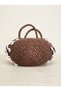 Women's Brown Beaded Detailed Hand-Knitted Straw Basket Bag – Wooden / Ring-Designed Handle / Handbag - 3