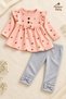 Baby Girl Set Floral Patterned Ruffle Bow Detailed 2-Piece Top and Bottom Set 3 6 9 12 Months