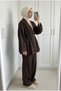 Women's Denim Look Gathered Waist Single Button Jacket Wide Leg Pants Two-Piece Set - 4