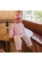 Girls' Pink 3-Yarn Cotton Printed Sweatshirt Striped Pants Set 2-8 Years - 2