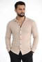 Men's Waffle Fabric Long Sleeve Buttoned Open Collar Regular Fit Shirt - Beige - 2