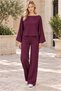 Women's Boat Neck Long Sleeve Bat Sleeve Stretchy Lycra Sweatshirt and Elastic Waist Pocketed Wide Leg Stretchy Lycra Trousers Burgundy Two-Piece Set - 2