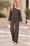 Women's Boat Neck Long Sleeve Bat Sleeve Stretchy Lycra Sweatshirt and Elastic Waist Pocketed Wide Leg Stretchy Lycra Pants Brown Two-Piece Set