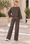 Women's Boat Neck Long Sleeve Bat Sleeve Stretchy Lycra Sweatshirt and Elastic Waist Pocketed Wide Leg Stretchy Lycra Pants Brown Two-Piece Set - 4