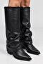 Tokyo Women's Black Fur Lined Pointed Toe Bellows Flat Heel Below the Knee Slouchy Boots - 5