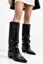 Tokyo Women's Black Fur Lined Pointed Toe Bellows Flat Heel Below the Knee Slouchy Boots - 6