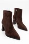 Women's Special Design Short Boots with Striped Heels, Pointed Toe, Zippered, Brown Suede Boots, Short Boots - 7