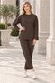 Women's Round Neck Long Sleeve Sweatshirt with Slit Detail in Lycra Stretch Fabric and Elastic Waist, Pocketed Legs with Woven Detail, Lycra Stretch Fabric Pants, Brown Two-Piece Set - 2