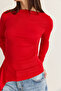 Women's Red Boat Neck Draped Asymmetrical Long Sleeve Modal Blouse 6191 60286535 - 7