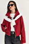Women's Red Micro Plaid Stand Collar Lined Pocket Zipper Bomber Jacket 2335 60286528 - 4