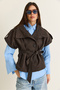 Women's Bitter Brown Stand Collar Epaulet Detailed Belted Short Sleeve Jacket 2096 60286531 - 2