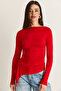 Women's Red Boat Neck Draped Asymmetrical Long Sleeve Modal Blouse 6191 60286535