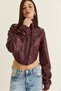Women's Burgundy Corset Detailed Draped Sleeves Cropped Faux Leather Jacket 8057 60286527 - 6