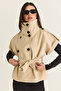 Women's Beige Stand Collar Epaulet Detailed Belted Short Sleeve Jacket 2096 60286531 - 4