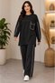 Women's Crew Neck Pocket Detailed Side Striped Ribbed Tunic Trousers Double Set