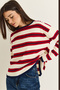 Women's Beige-Red Crew Neck Striped Oversize Slim Knitwear Blouse 0543 60286536