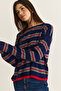 Women's Navy Blue-Red Crew Neck Striped Oversize Slim Knitwear Blouse 0543 60286536 - 5