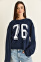 Women's Navy Blue Print Detailed Long Sleeve Oversize Modal Blouse 12511 60286532 - 2