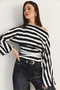 Women's Black Boat Neck Gathered Waist Thick Striped Draped Knitted Blouse 6209 60286520 - 4