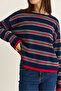 Women's Navy Blue-Red Crew Neck Striped Oversize Slim Knitwear Blouse 0543 60286536 - 6
