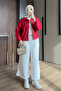 Women's Zippered Daily Basic Denim Jacket 372 Red - 3