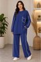 Women's Crew Neck Pocket Detailed Side Striped Ribbed Tunic Trousers Double Set - 8
