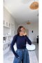 Navy Blue Side Gathered Long Sleeve Cotton Basic