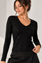 Women's V-Neck Shiny Ribbed Fabric Long Sleeve Blouse Cty-Abr-7494