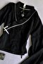 China Style Black and White Qipao Stripe Detail Y2K Long Sleeve Crop Blouse - 2