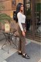Women's Cropped-Leg Lycra Jean Trousers with Belt - Brown - 2
