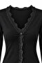 2244 Women's Lace Detailed V-Neck Buttoned Long Sleeve Blouse Black - 2