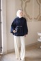 Navy Blue Oversize Patterned Belted Cashmere Poncho - 3