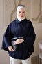 Navy Blue Oversize Patterned Belted Cashmere Poncho - 4