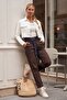 Brown Pocketed Belted Elastic Waist Straight Leg Casual Lycra Woven Trousers 100 60 - 4