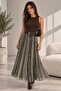 Belted Patterned Pleated Long Women's Skirt