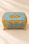 Light Blue Gold Embroidered Rose Patterned Covered Jewelry Box Small Size